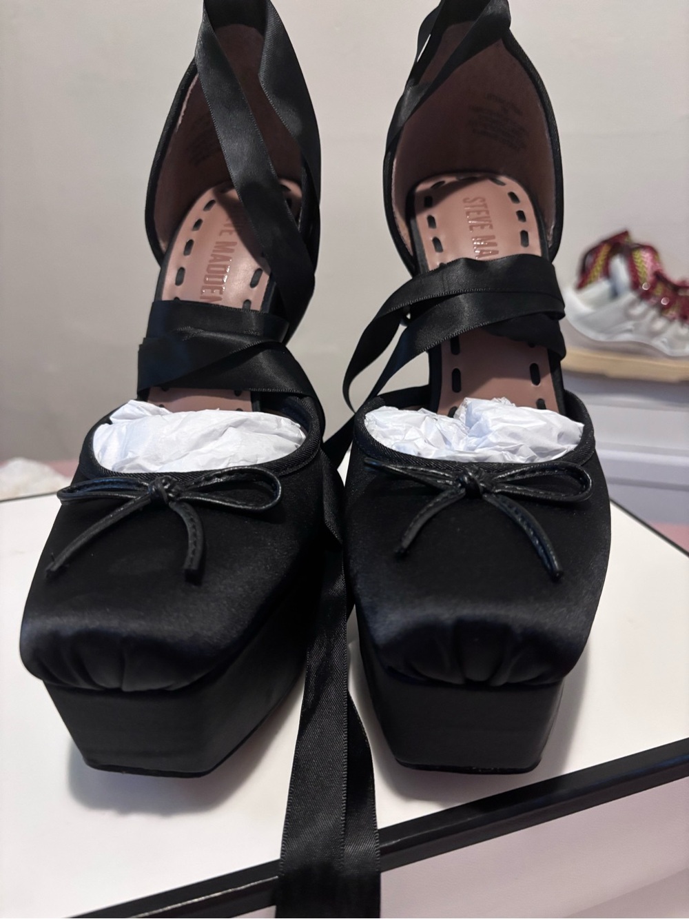 Steve Madden Black Satin Platform Ballet Wrap Heels